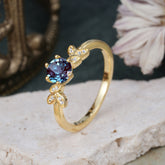 Round Alexandrite Brilliant Sparkle Leaf Engagement Ring Nature Inspired Ring for women